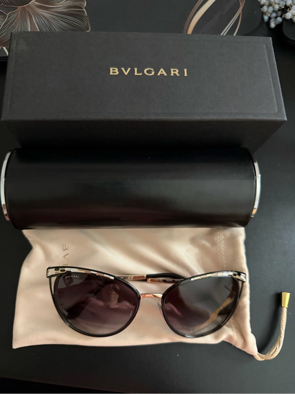 Bulgari Black and Gold Cat-Eye Women's Sunglasses - Picture 4 of 12